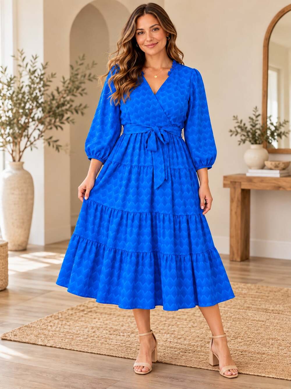 Maison Tara Maxi Dress Cobalt Blue Tiered Ruffle V Neck Belted Size 8